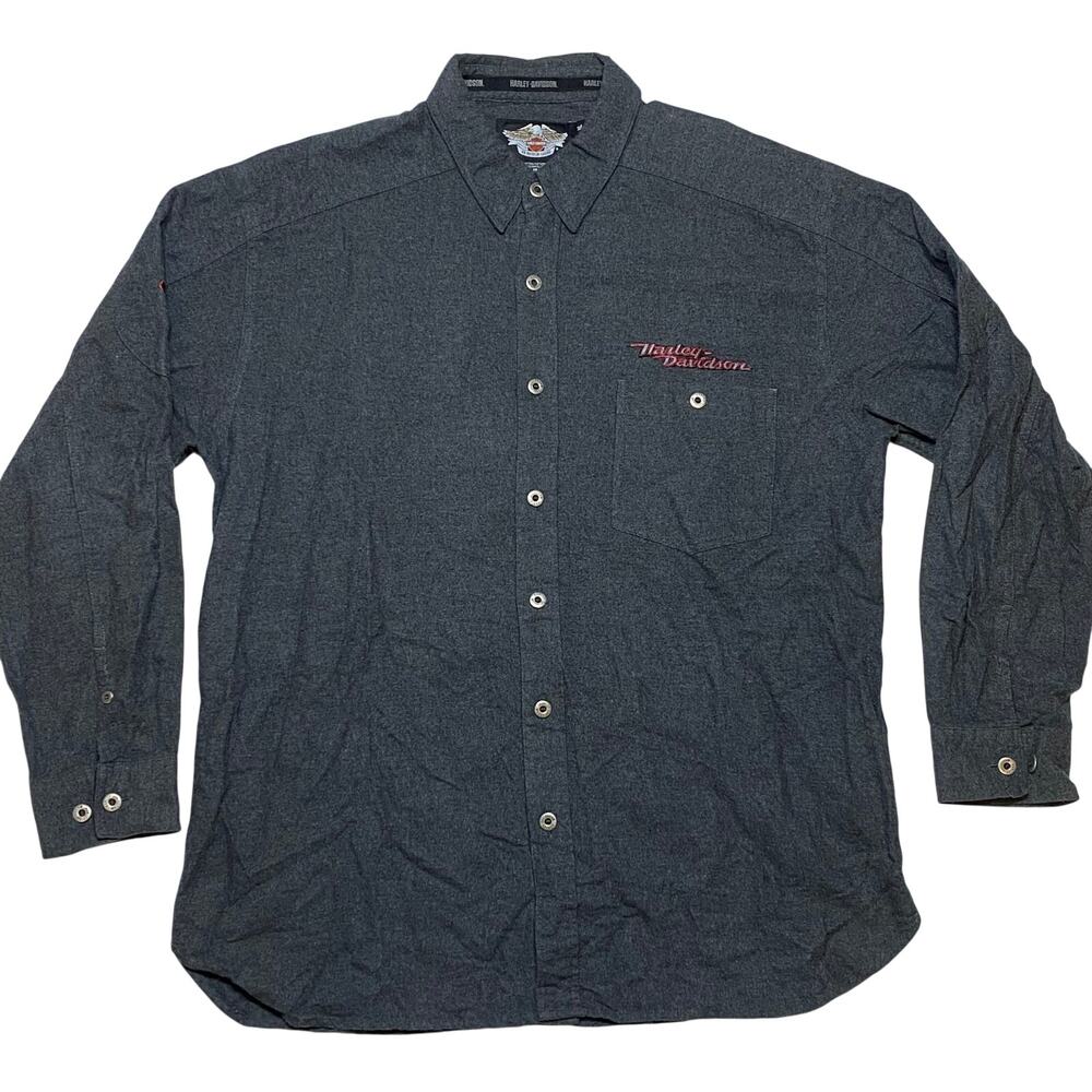 Harley Davidson Long-Sleeve Flannel Shirt Button Up Mens XL Embroidered Gray